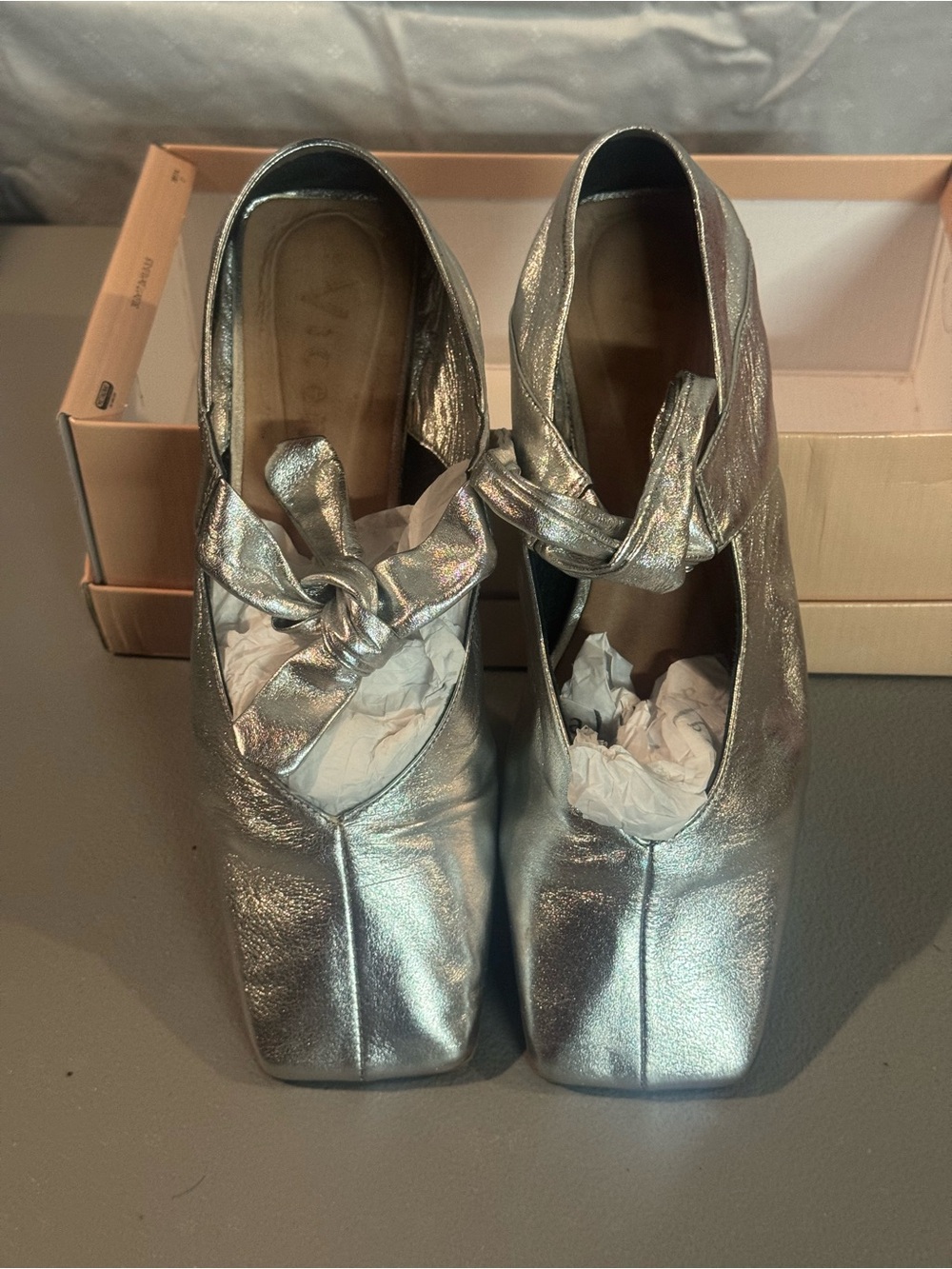 Metallic Knot Strap Square-Toe Heels in Silver